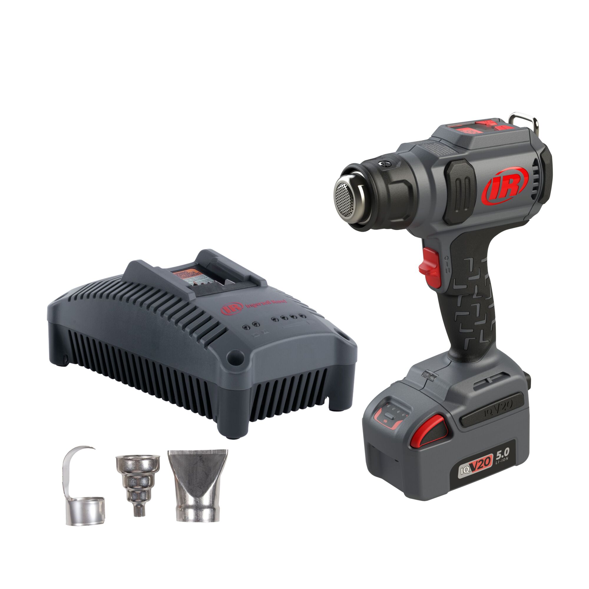 Ingersoll Rand IQV 20v Cordless Heat Gun Kit, Adjustable Heat Settings 86-1022 Degrees F, Lighted LCD Display, Dual Air Flow Settings, 3 Custom Nozzles, Lightweight, Comes with 5AH IQV Lithium Ion Battery & Compact Fast Charger, H3111-K1